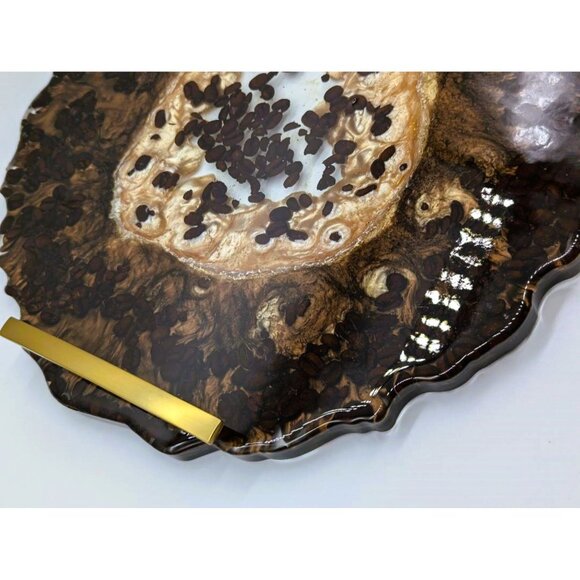 Large 13" Geode Shaped Round Tray with Gold Handles Handmade NEW - Picture 2 of 5